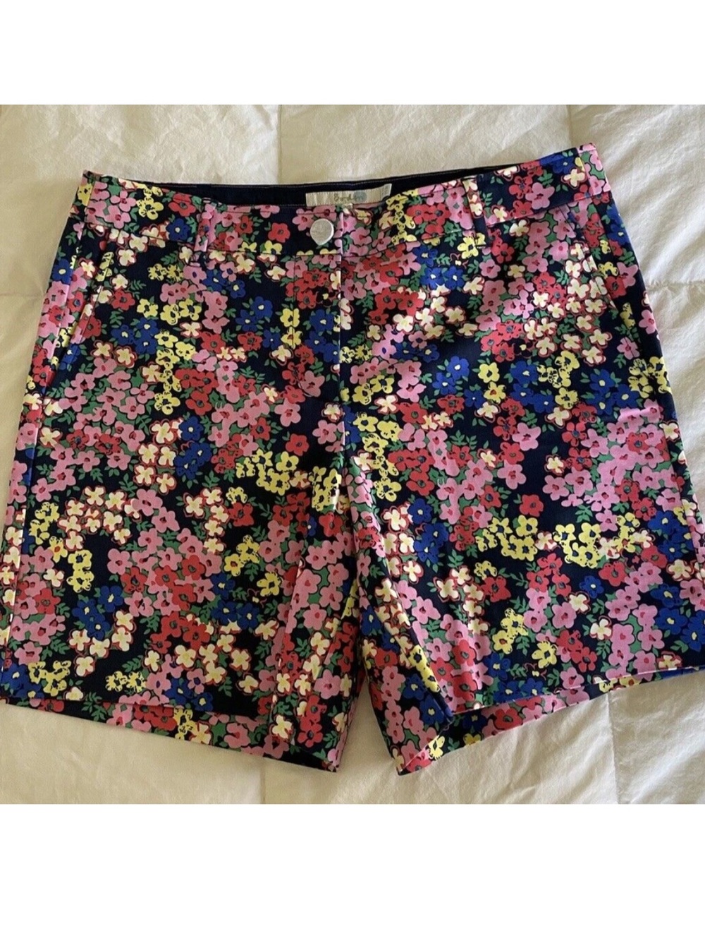 Boden Navy Floral High-Waist Shorts with Pink, Yellow & Blue Floral
